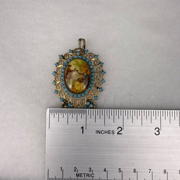 Vintage Gold Tone Victorian Style Pendant Turquoise Porcelain Scene Oval Dangles - Picture 4 of 4
